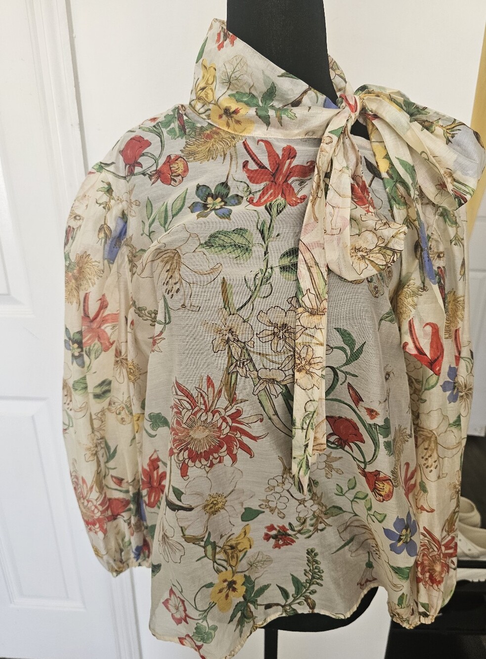 Andrew Marc Floral Bow-Neck Blouse